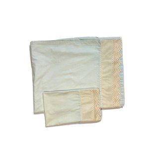 Vintage 80s Louis Nichol Full Size Flat Sheet Pillowcase Set Green Lace Bedding